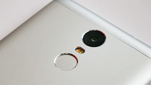 Fingerprint scanner on the back of a Xiaomi Redmi Note 3 smartphone