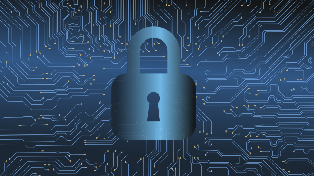 Padlock over a blue circuit board pattern representing device security