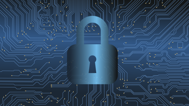 Padlock over a blue circuit board pattern representing device security